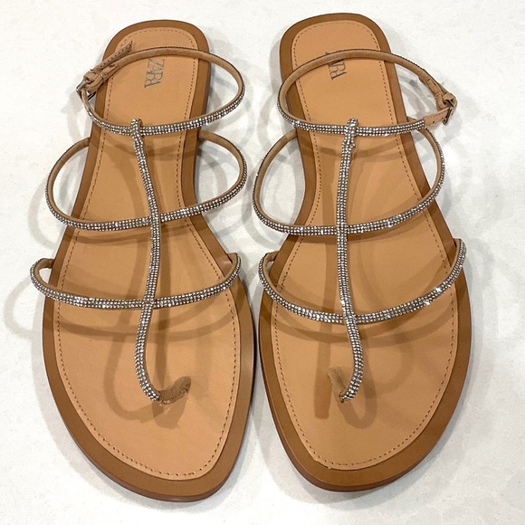 ZARA Flat Rhinestone Ankle Strap Sandals LIKE NEW Size EU 41 - Picture 3 of 8